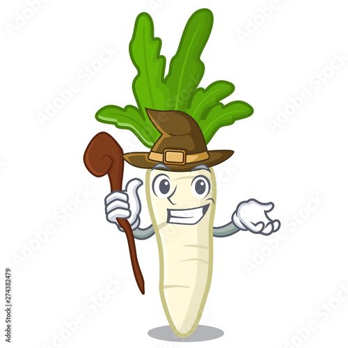 Witch radish white in a cartoon basket
