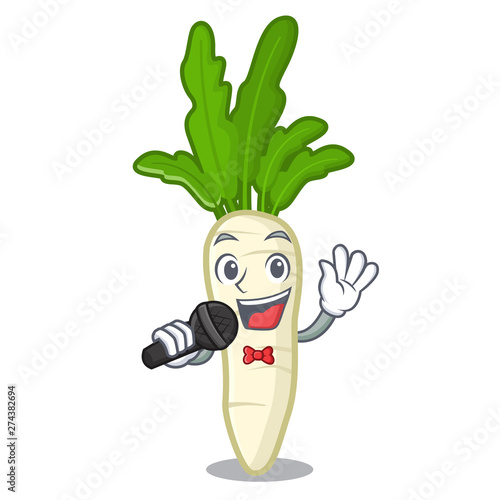Singing radish white in a cartoon basket