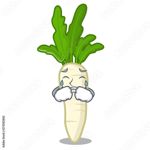 Crying radish white in a cartoon basket
