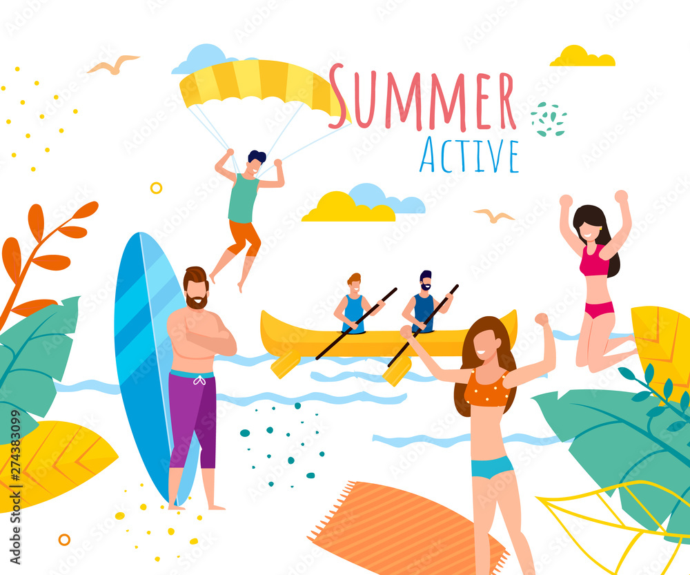 Active Summer Banner with Tourists Rest on Beach