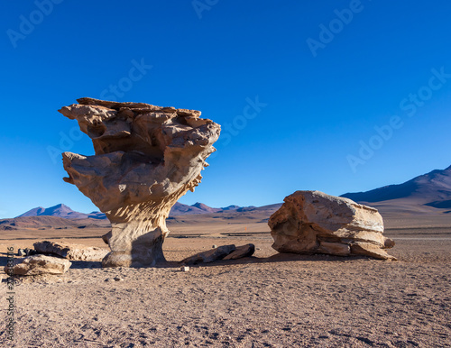 Unique landscape of the Siloli Desert with Stone Tree Arbol de Piedra in the valley of rocks, Bolivia