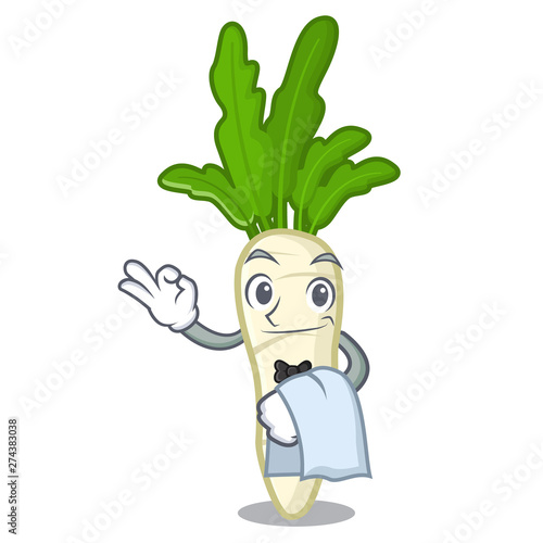 Waiter radish white in a cartoon basket