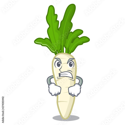Angry radish white in a cartoon basket
