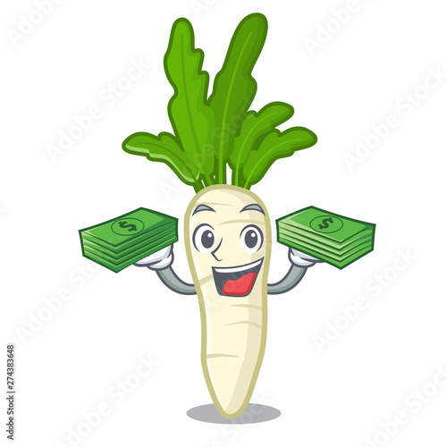 With money bag radish white in a cartoon basket