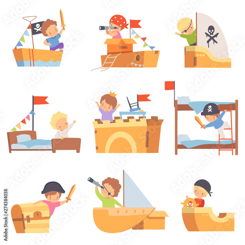 Cute Creative Kids Playing Toys Made of Cardboard Boxes Set, Cute Boys Captains Playing Ships Made of Cardboard Boxes and Beds Cartoon Vector Illustration