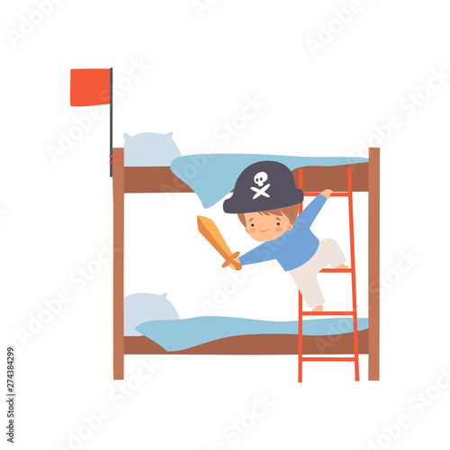 Creative Pirate Boy Character Playing Ship Made of Bunk Bed Cartoon Vector Illustration