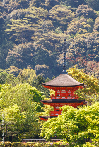 Red pagoda at Kiyomizu-dera Temple in Kyoto, Japan. On summer.