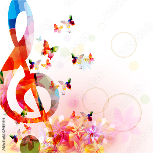 Music background with colorful G-clef and butterflies vector illustration design. Artistic music festival poster, live concert events, party flyer, music notes signs and symbols