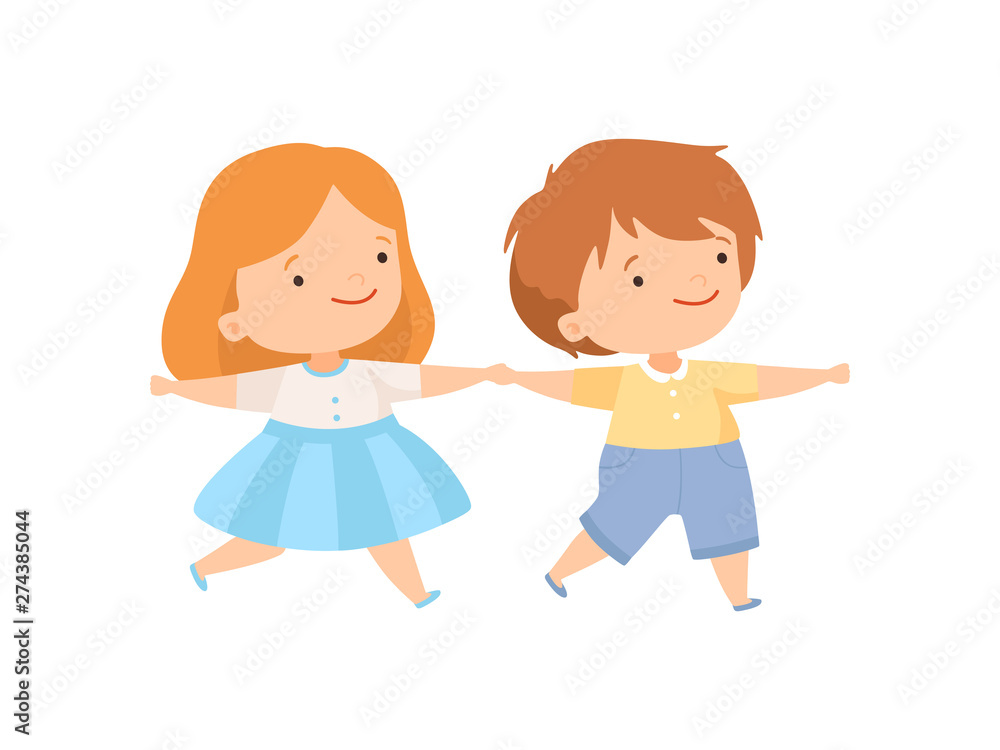 Cute Happy Boy and Girl Holding Hands, Couple of Adorable Kids Having Fun Together Cartoon Vector Illustration Cute Happy Boy and Girl Holding Hands, Couple of Adorable Kids Having Fun Together Cartoon Vector Illustration