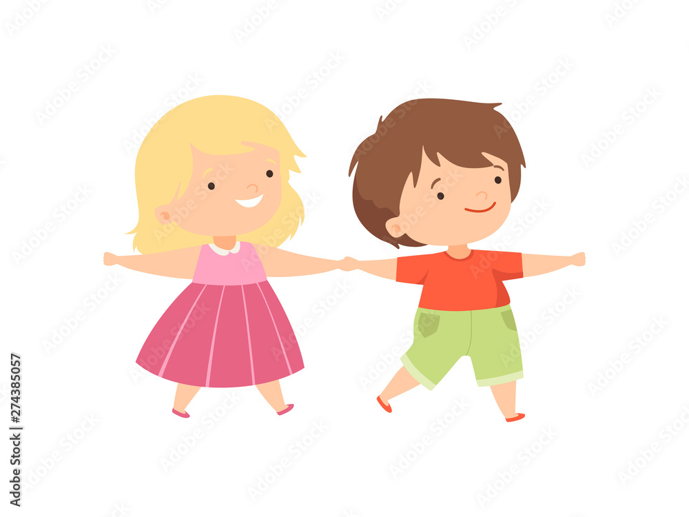 Cute Happy Boy and Girl Holding Hands, Cute Happy Kids Having Fun Cartoon Vector Illustration Cute Happy Boy and Girl Holding Hands, Cute Happy Kids Having Fun Cartoon Vector Illustration
