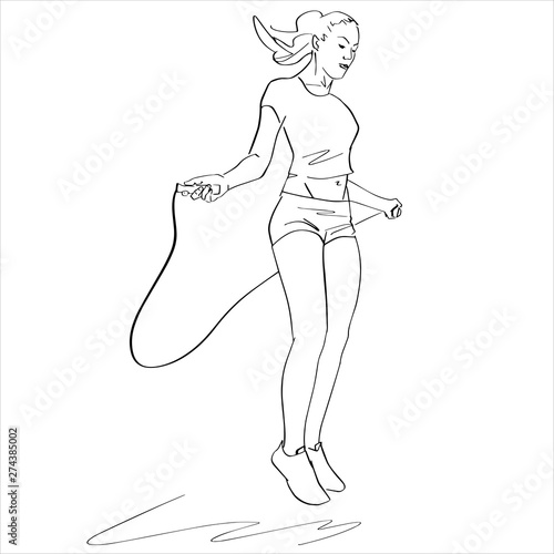 Skipping. Sporty woman jumping rope. Fitness concept hand drawn silhouette. Abstract isolated contour. Vector outlines. Black lines drawing.