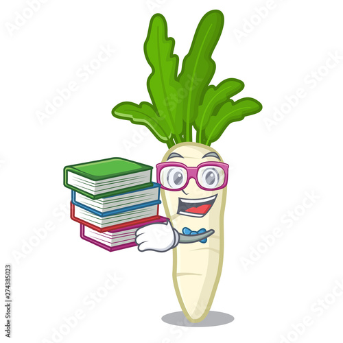 Student with book white radish in a cartoon fridge