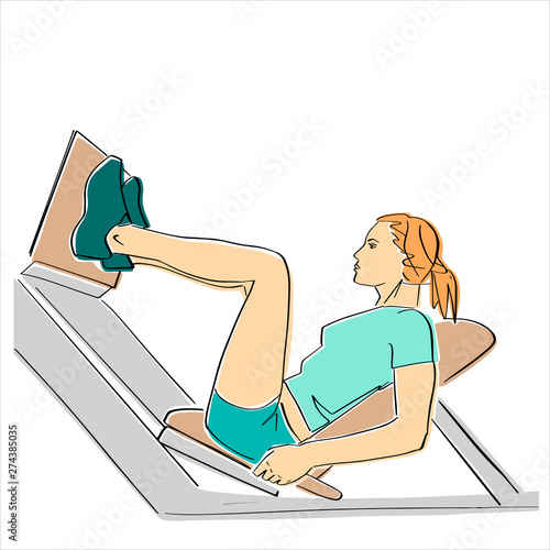 Sporty woman pumps glutes. Power training. Fitness concept hand drawn colorful illustration. Isolated contour and pastel colors. Abstract drawing. Vector sport cartoon.