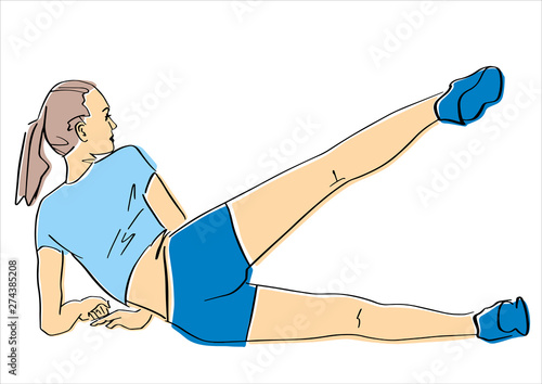 Sporty woman. has a workout. Leg raise exercise. Fitness concept hand drawn colorful illustration. Isolated contour and pastel colors. Abstract drawing. Vector sport cartoon.