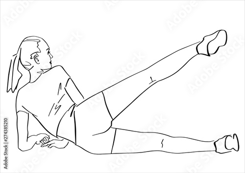 Sporty woman. has a workout. Leg raise exercise. Fitness concept hand drawn silhouette. Abstract isolated contour. Vector outlines. Black lines drawing.