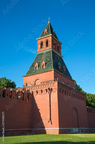 View of the Taina tower of the Kremlin on a clear Sunny day. Moscow attractions of World tourism.