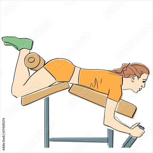 Sporty woman pumps glutes. Power training. Fitness concept hand drawn colorful illustration. Isolated contour and pastel colors. Abstract drawing. Vector sport cartoon.