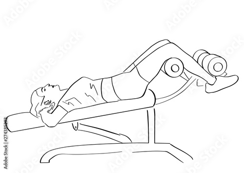 Sporty woman pumps the abdominals on inclined bench. ABC exercise. Fitness concept hand drawn silhouette. Abstract isolated contour. Vector outlines. Black lines drawing.