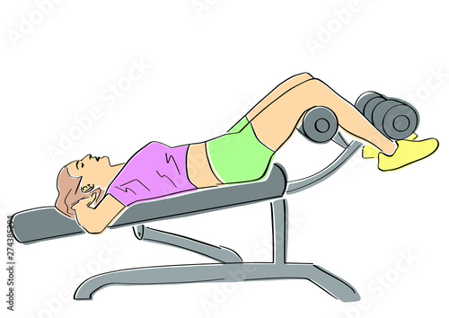 Sporty woman pumps the abdominals on inclined bench. ABC exercise. Fitness concept hand drawn colorful illustration. Isolated contour and pastel colors. Abstract drawing. Vector sport cartoon.