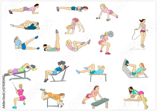 Set of female fitness exercises. Powerlifting, abc, push-ups, squats, skipping. Fitness concept hand drawn colorful illustration.