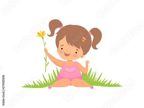 Cute Happy Girl on Green Meadow, Adorable Little Kid Cartoon Character Playing Outside Vector Illustration