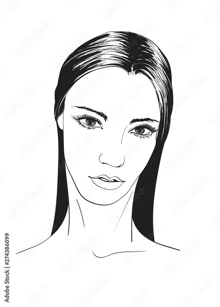 Beautiful young woman with hairstyle and expressive look. Fashion sketch. Fashion girls face. Hand-drawn fashion model. Woman face on a white background. Cosmetics. Beautiful young woman with hairstyle and expressive look. Fashion sketch. Fashion girls face. Hand-drawn fashion model. Woman face on a white background. Cosmetics.