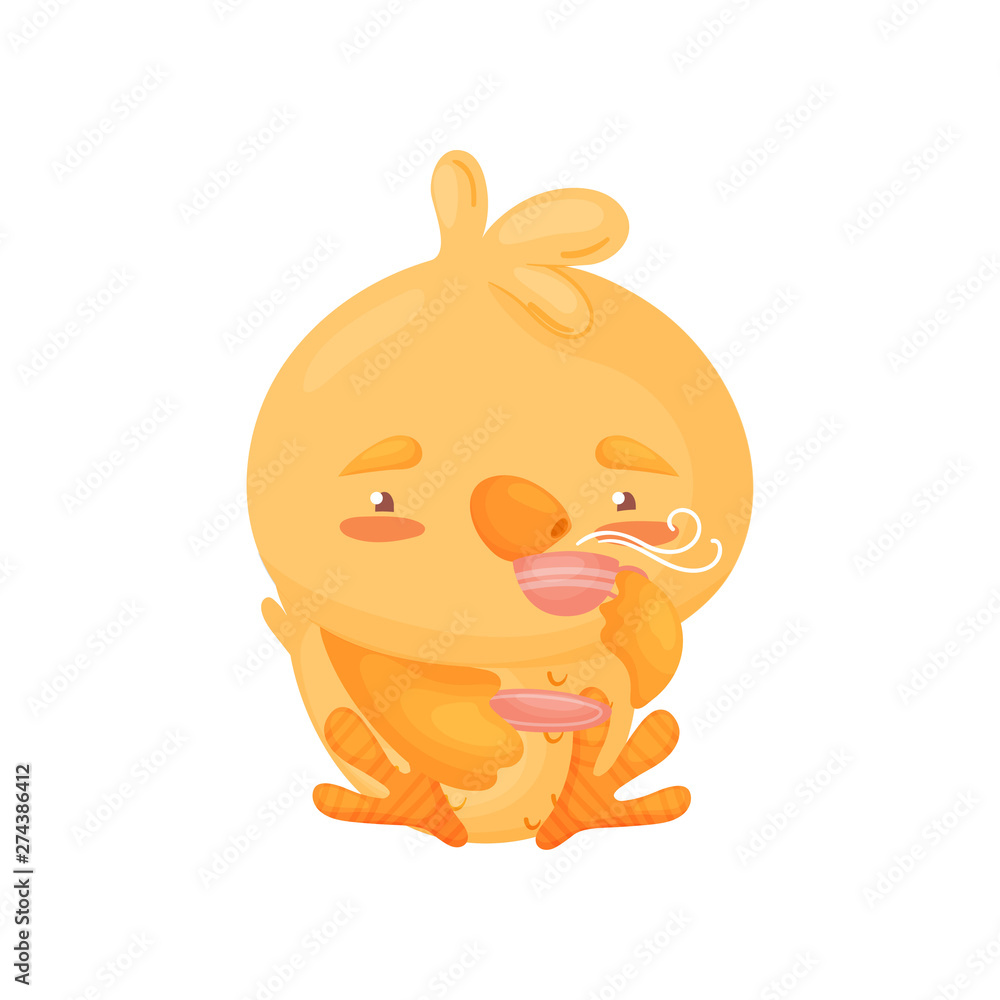Cartoon little chicken drinks tea. Vector illustration on white background. Cartoon little chicken drinks tea. Vector illustration on white background.