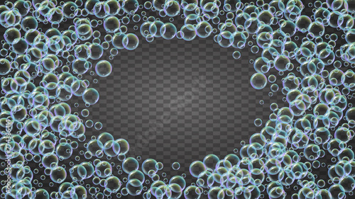 Bubble background with shampoo foam and detergent soap. Trendy spray and splash. Realistic water frame and border. 3d vector illustration banner. Isolated colorful liquid bubble background.