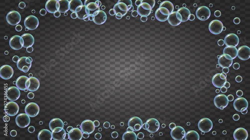 Detergent foam. Soap bath bubble and suds for bathtub. Shampoo. 3d vector illustration invite. Bright fizz and splash. Realistic water frame and border. Isolated colorful liquid detergent foam