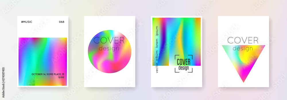 Holographic cover set. Abstract backgrounds. Liquid holographic cover with gradient mesh. 90s, 80s retro style. Pearlescent graphic template for brochure, banner, wallpaper, mobile screen