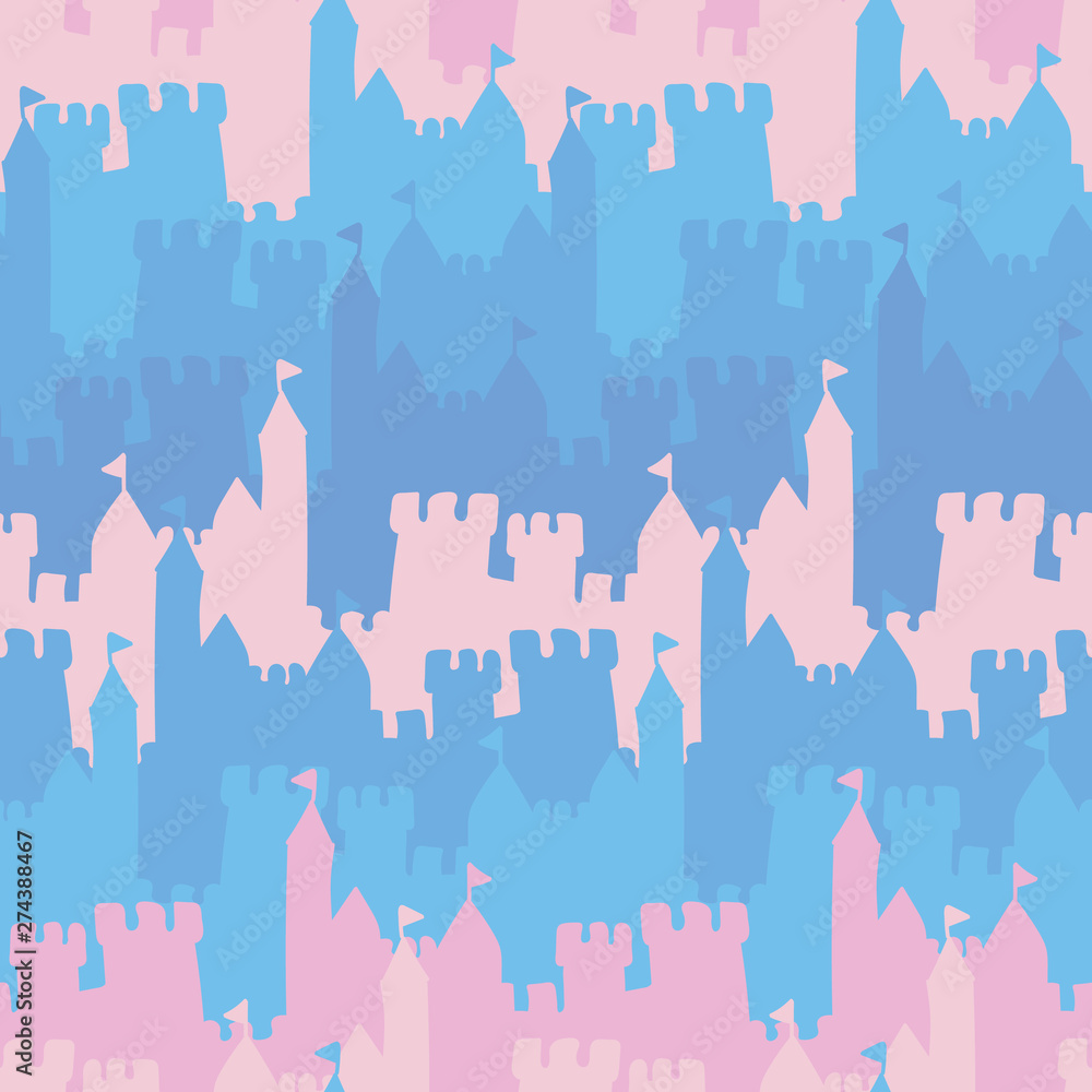A seamless vector striped pattern with pink and blue castles. Surface print design. Great background for fairytale themed children designs. A seamless vector striped pattern with pink and blue castles. Surface print design. Great background for fairytale themed children designs.