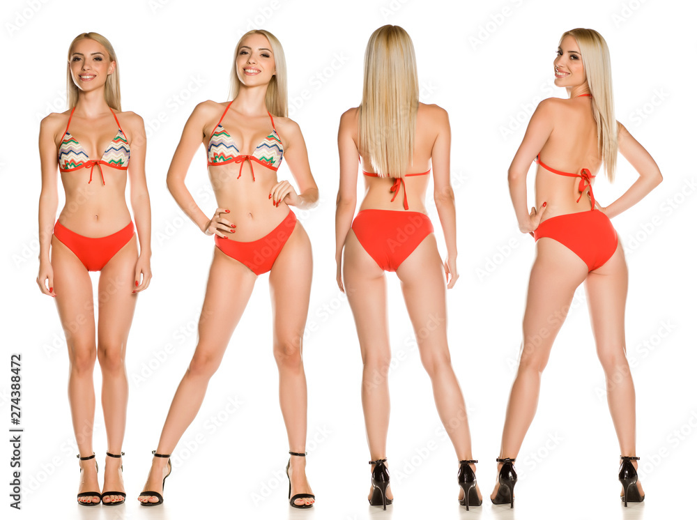 Collage of same pretty young lady in red swimsuit and sandals on white background - obrazy, fototapety, plakaty 