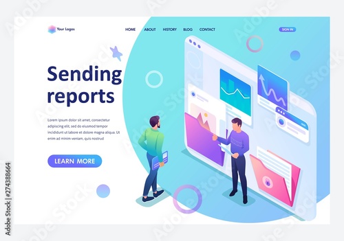 Isometric collecting and sending data for the report, young entrepreneurs discuss the data on the screen. Template landing page