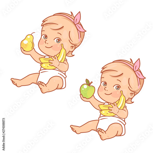 Cute little baby girl hold apple, banana and pear.