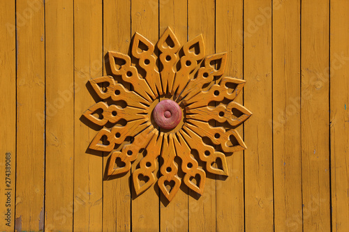 Carved ornament on wooden gate in national style, Kazan, Russia