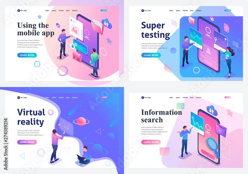 Set isometric landing pages, a concept with young teenagers working on a tablet and on a mobile phone screen. For website and mobile website development