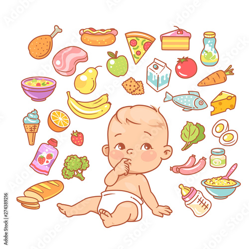 Curios child with finger in mouth choosing food.