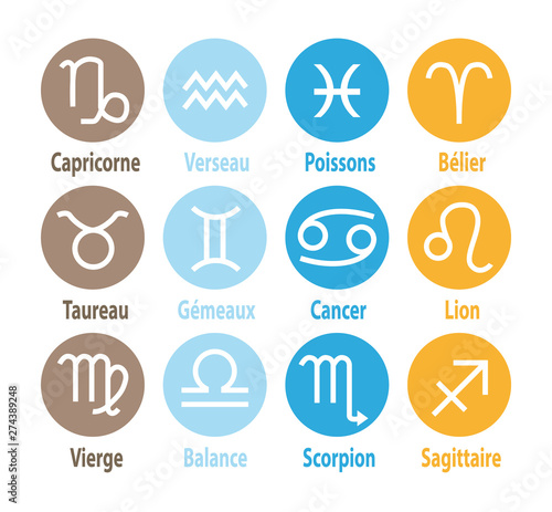 12 signes astrologiques. Set d'icônes du zodiaque. Texte en français. photo