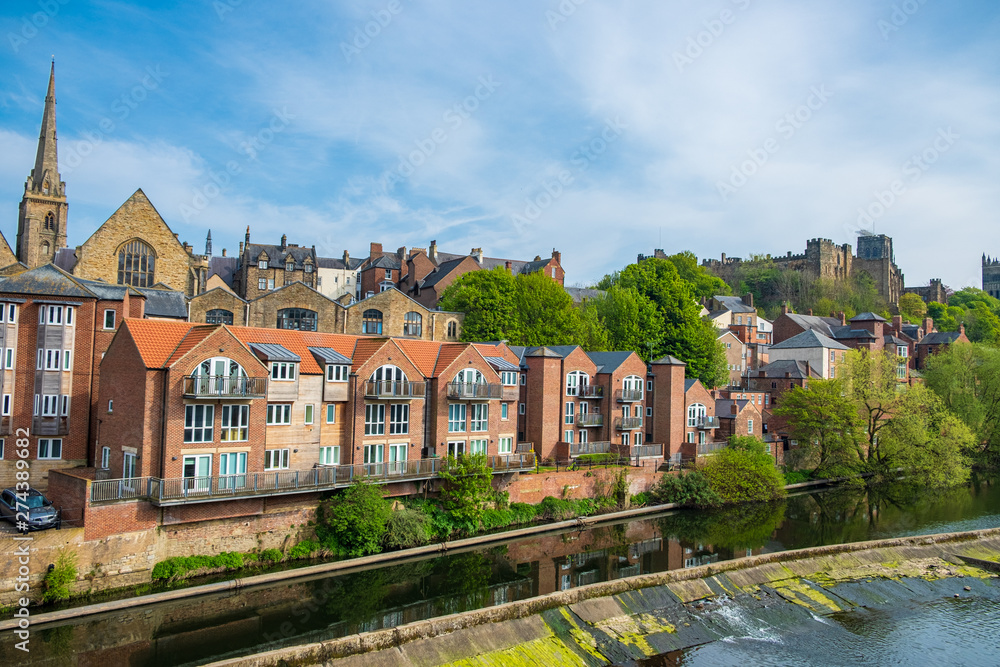Traditional buildings along the bank of River Wear, Durham, England