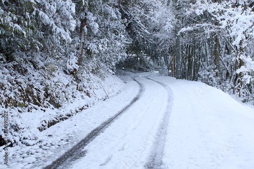 積雪した山道と車の轍の風景 © 眞