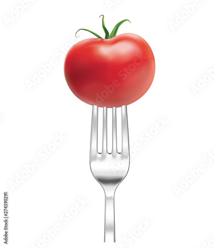 Silver fork with tomato. 3d vector illustration