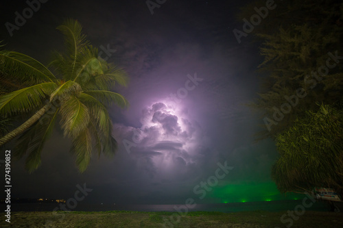 Night scape of great storm in sea