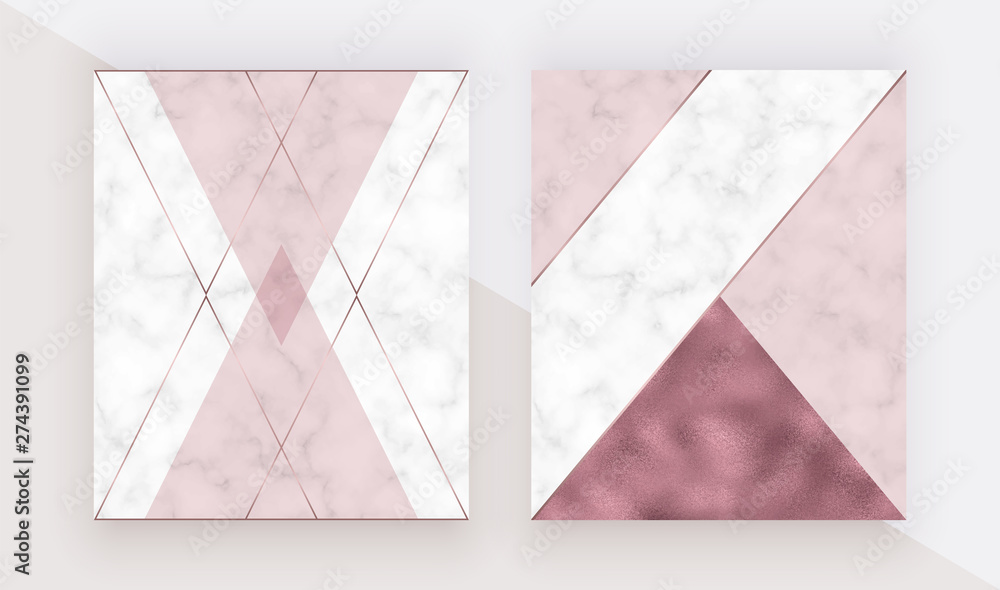 Fototapeta Marble geometric design cover with pink triangular, rose gold foil texture, polygonal lines. Modern background for wedding invitation, banner, card, flyer, poster, save the date