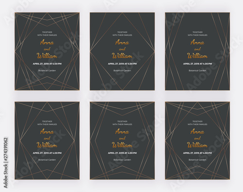 Golden polygonal lines frames on the black background. Luxury geometric design cards. Trendy templates for banner, flyer, poster, greeting, save the date, logo, wedding invitation