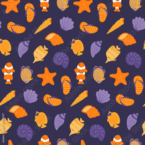Hand drawn seamless vector pattern with seashells, starfish, coral reef fish, on a dark blue background. Scandinavian style flat design. Concept for summer textile print, wallpaper, wrapping paper.