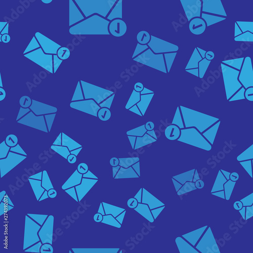 Blue Envelope icon isolated seamless pattern on blue background. Received message concept. New, email incoming message, sms. Mail delivery service. Vector Illustration