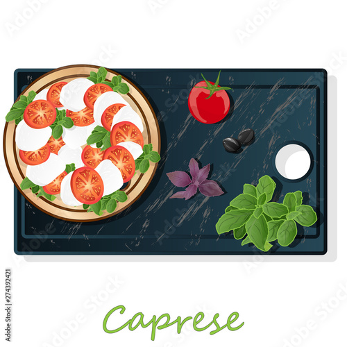 Vector illustration of delicious caprese salad with ripe tomatoes and mozzarella cheese with fresh basil leaves. Italian food isolated.