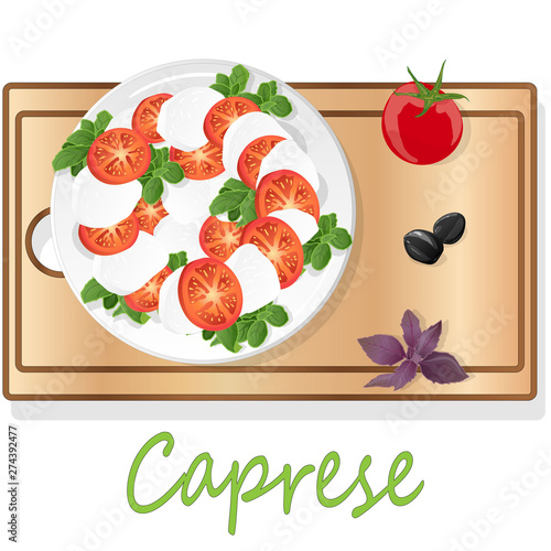 Vector illustration of delicious caprese salad with ripe tomatoes and mozzarella cheese with fresh basil leaves. Italian food isolated.