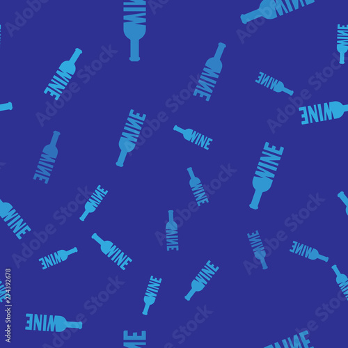 Blue Bottle of wine icon isolated seamless pattern on blue background. Lettering bottle of wine. Vector Illustration