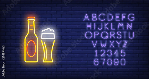 Beer bottle and glass on brick background. Neon style vector illustration. Bar, pub, alcoholic beverages store. Alcohol banner. For advertising, beverage, nightlife concepts